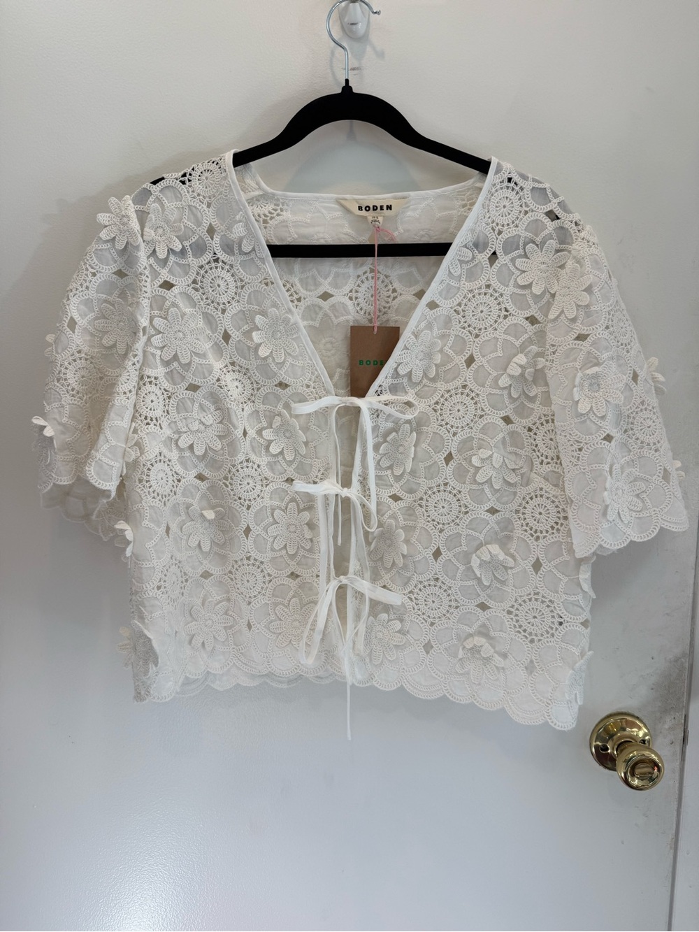 Boden White Crochet Floral Tie-Front Blouse
